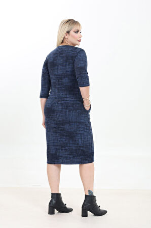 Çift Cepli Desenli Esnek Kışlık Büyük Beden Midi Elbise 4A-2754