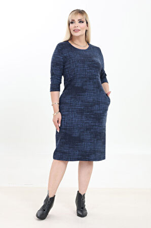 Çift Cepli Desenli Esnek Kışlık Büyük Beden Midi Elbise 4A-2754