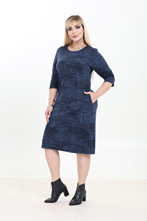 Çift Cepli Desenli Esnek Kışlık Büyük Beden Midi Elbise 4A-2754