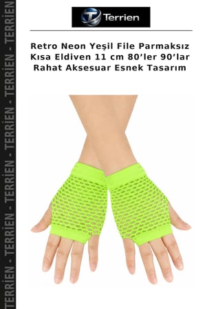 Retro Neon Yeşil File Parmaksız Kısa Eldiven 11 cm 80’ler 90’lar Rahat Aksesuar Esnek Tasarım
