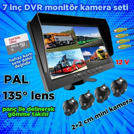 ULTRA MİNİ  4 ADET 2*2 CM KAMERA VE 7 İNÇ DVR MONİTÖR 12 VOLT 256 GB