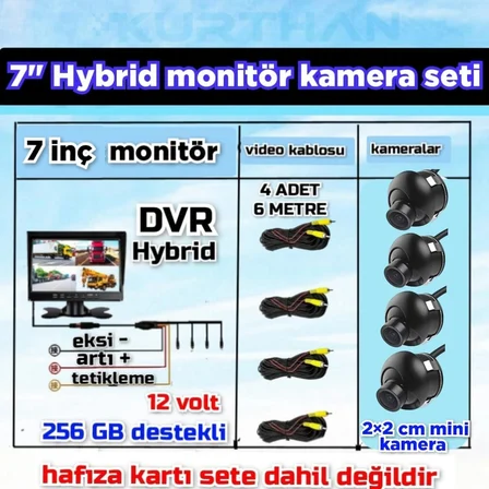 ULTRA MİNİ  4 ADET 2*2 CM KAMERA VE 7 İNÇ DVR MONİTÖR 12 VOLT 256 GB