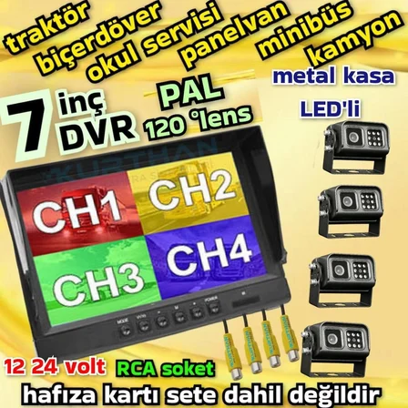 4 ADET METAL KASA LEDLİ KAMERA  7 İNÇ QLED IPS DVR MONİTÖR  12*24 VOLT 256 GB