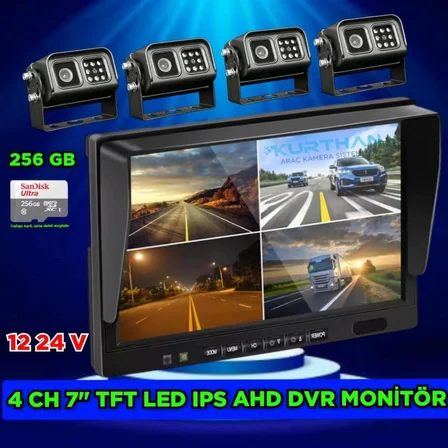 4 ADET METAL KASA LEDLİ KAMERA  7 İNÇ QLED IPS DVR MONİTÖR  12*24 VOLT 256 GB