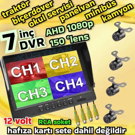 4 ADET AHD 1080P KELEBEK KAMERALI 256 GB 7 İNÇ HYBRİD DVR MONİTÖR 12 VOLT