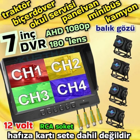 4 ADET 1080P AHD 180 DERECE  BALIK GÖZÜ LENS  KAMERA 7 İNÇ 256 GB DESTEKLİ HYBRİD DVR MONİTÖR  12 V