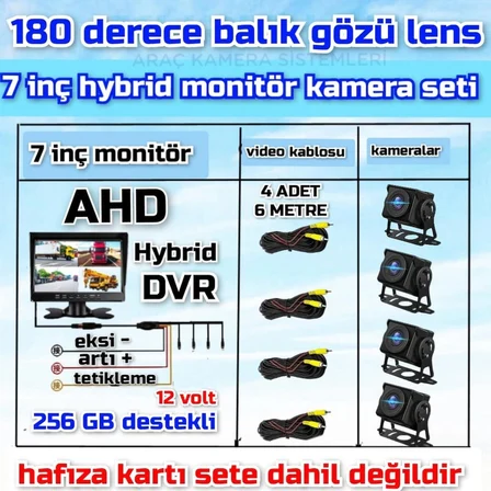 4 ADET 1080P AHD 180 DERECE  BALIK GÖZÜ LENS  KAMERA 7 İNÇ 256 GB DESTEKLİ HYBRİD DVR MONİTÖR  12 V