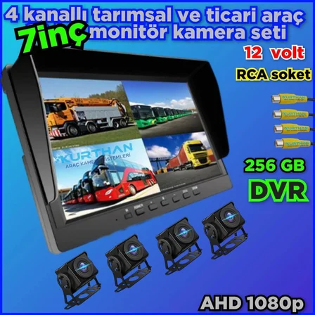 4 ADET 1080P AHD 180 DERECE  BALIK GÖZÜ LENS  KAMERA 7 İNÇ 256 GB DESTEKLİ HYBRİD DVR MONİTÖR  12 V
