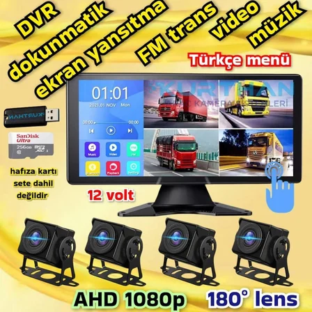 4 ADET AHD 180 DERECE KAMERA DVR VİDEO MÜZİK  DOKUNMATİK  MONİTÖR 12 V