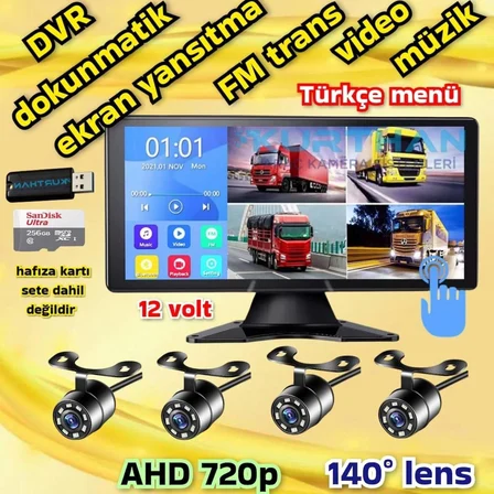 MİBZER İÇİN DOKUNMATİK 10.36 İNÇ MONİTÖR VE 4 ADET AHD 720P BEYAZ LEDLİ KAMERA SETİ 12 V
