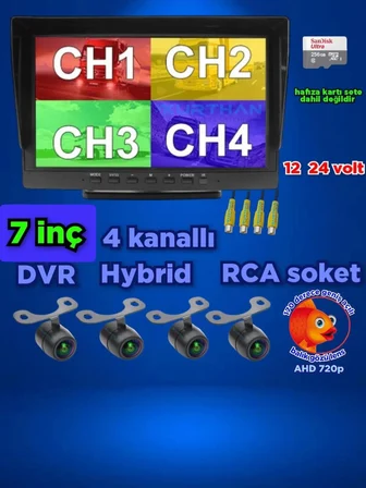 4 ADET LEDSİZ AHD 720P BALIK GÖZÜ LENS KELEBEK KAMERA  7 İNÇ QLED HYBRİD DVR MONİTÖR 12 VOLT 256 GB
