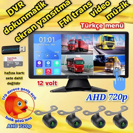 4 ADET BALIK GÖZÜ LENS AHD 720P 170'' KAMERA 10.36'' DOKUNMATİK EKRAN VİDEO MÜZİK  DVR  256 GB 12 V