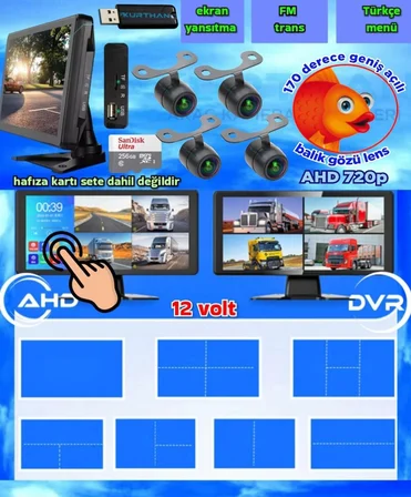 4 ADET BALIK GÖZÜ LENS AHD 720P 170'' KAMERA 10.36'' DOKUNMATİK EKRAN VİDEO MÜZİK  DVR  256 GB 12 V