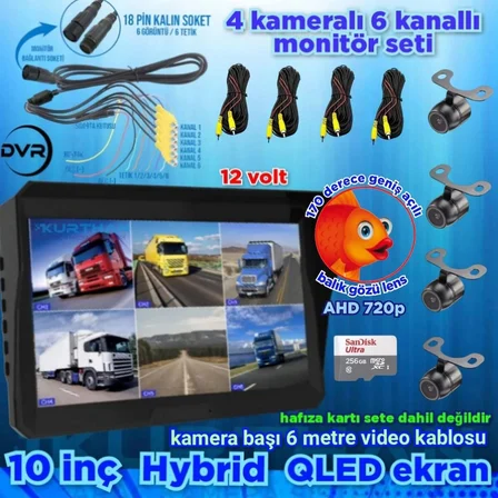 LEDSİZ 4 ADET AHD 720P BALIK GÖZÜ KELEBEK KAMERA  6 KANALLI 10 İNÇ QLED  EKRAN  256 GB 12 VOLT