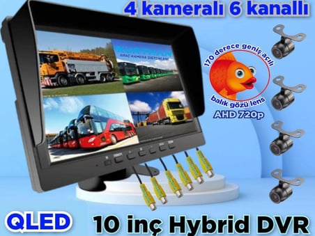 LEDSİZ 4 ADET AHD 720P BALIK GÖZÜ KELEBEK KAMERA  6 KANALLI 10 İNÇ QLED  EKRAN  256 GB 12 VOLT