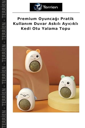 Premium Oyuncağı Pratik Kullanım Duvar Askılı Ayıcıklı Kedi Otu Yalama Topu