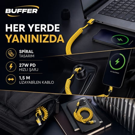 4'ü 1 Arada Esnek Spiral Hızlı Şarj Kablosu, Araç İçi Yaylı Kablo, Type-C ve Lightning Uyumlu Çoklu Şarj Kablosu (5616)