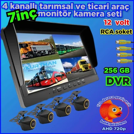 4 ADET 4X3 CM. AHD 720P 170 DERECE  BALIK GÖZÜ LENS KAMERA 7 İNÇ 256 GB QLED DVR MONİTÖR SETİ 12 V
