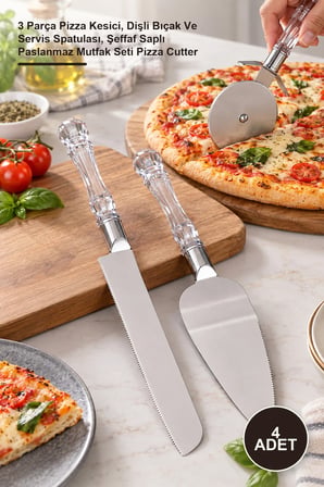 4 Adet Servis Seti – 3 Parça Pizza Kesici, Dişli Bıçak Ve Servis Spatulası, Şeffaf Saplı Paslanmaz Mutfak Seti Pizza Cutter