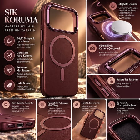 Premium Vegan Deri Kılıf Nar Cover iPhone 17/18 Pro ile Uyumlu MagSafe