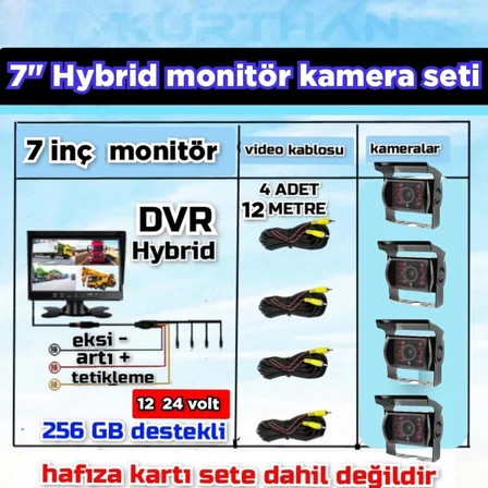 4 ADET ŞAPKALI METAL KASA LEDLİ KAMERA 7 İNÇ HYBRİD  256 GB DESTEKLİ DVR MONİTÖR - 12*24 VOLT