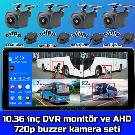 4 ADET AHD 720P NESNE TANIMALI SESLİ İKAZLI KAMERA DVR DOKUNMATİK MONİTÖR  12 VOLT