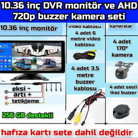 4 ADET AHD 720P NESNE TANIMALI SESLİ İKAZLI KAMERA DVR DOKUNMATİK MONİTÖR  12 VOLT
