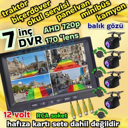4 ADET AHD 720P NESNE  TANIMALI SESLİ İKAZLI KAMERA 7 İNÇ DVR MONİTÖR SET  12 VOLT