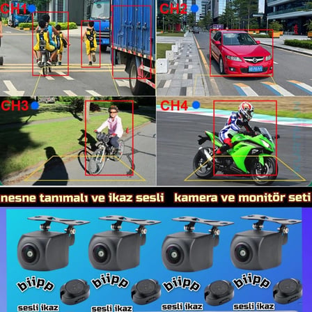 4 ADET AHD 720P NESNE  TANIMALI SESLİ İKAZLI KAMERA 7 İNÇ DVR MONİTÖR SET  12 VOLT