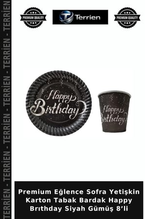 Premium Eğlence Sofra Yetişkin Karton Tabak Bardak Happy Brıthday Siyah Gümüş 8’li