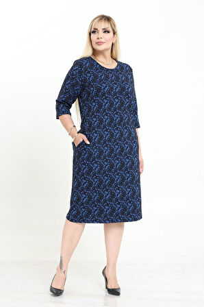 Çift Cepli Desenli Esnek Kışlık Büyük Beden Midi Elbise 4D-2737