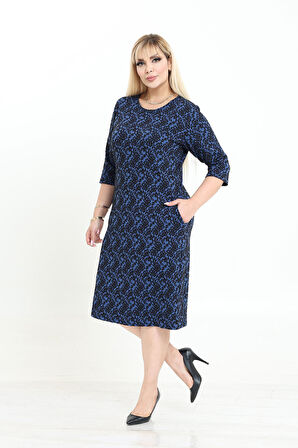 Çift Cepli Desenli Esnek Kışlık Büyük Beden Midi Elbise 4D-2737