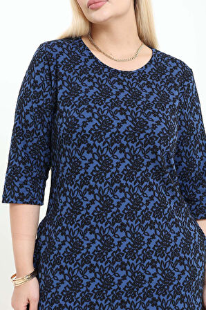 Çift Cepli Desenli Esnek Kışlık Büyük Beden Midi Elbise 4D-2737