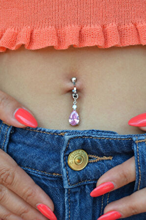 Pembe Damla Taşlı Deliksiz Göbek Piercingi