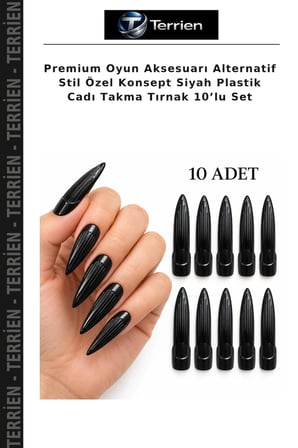 Premium Oyun Aksesuarı Alternatif Stil Özel Konsept Siyah Plastik Cadı Takma Tırnak 10’lu Set