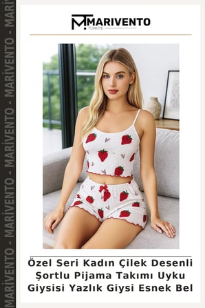 Özel Seri Kadın Çilek Desenli Şortlu Pijama Takımı Uyku Giysisi Yazlık Giysi Esnek Bel