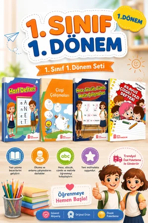 1. Sınıf (1.Dönem) Çizgi Çalışmaları-Harf Defteri-Renkli Hece Kitabı- Kılavuz Çizgili Yazı Defteri