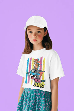 Tasarım Tom Ve Jerry Baskılı Unisex Çizgi Film Çocuk Tişört (1-12 YAŞ)