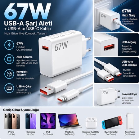 67W USB-A Hızlı Şarj Adaptörü + Type-C Kablo 1 Metre | Telefon Tablet Uyumlu Hızlı Şarj Seti