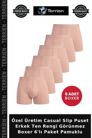 Özel Üretim Casual Slip Puset Erkek Ten Rengi Görünmez Boxer 6'lı Paket Pamuklu
