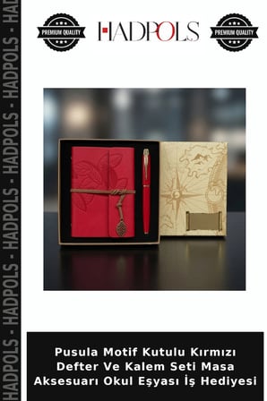 Pusula Motif Kutulu Kırmızı Defter Ve Kalem Seti Masa Aksesuarı Okul Eşyası İş Hediyesi