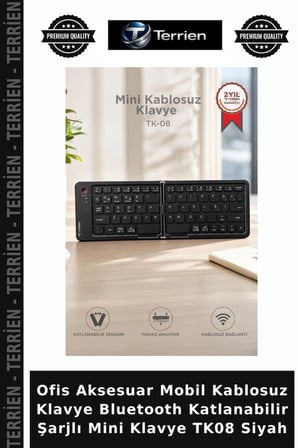 Ofis Aksesuar Mobil Kablosuz Klavye Bluetooth Katlanabilir Şarjlı Mini Klavye TK08 Siyah