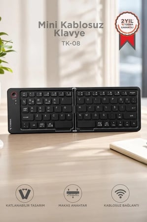 Ofis Aksesuar Mobil Kablosuz Klavye Bluetooth Katlanabilir Şarjlı Mini Klavye TK08 Siyah