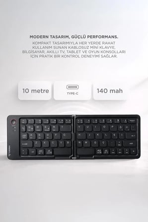 Ofis Aksesuar Mobil Kablosuz Klavye Bluetooth Katlanabilir Şarjlı Mini Klavye TK08 Siyah