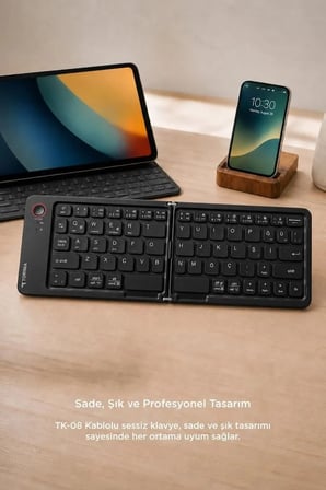 Ofis Aksesuar Mobil Kablosuz Klavye Bluetooth Katlanabilir Şarjlı Mini Klavye TK08 Siyah