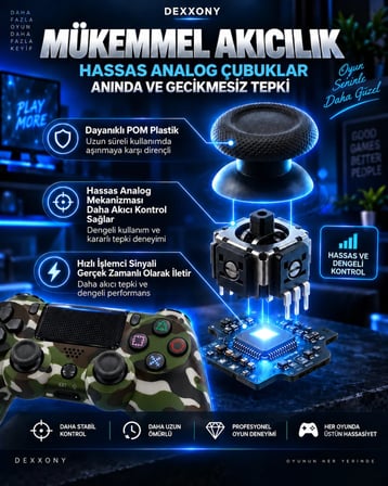 Dexxony PS4 Uyumlu Kablosuz Bluetooth Oyun Kolu – PC/Android TV, Sıfır Ölü Bölge, Kamuflaj