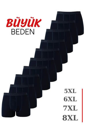 Rahat Giyim Esnek Kumaş Desensiz Model Erkek Lacivert Büyük Beden Boxer Pamuklu Likralı 10'lu Paket