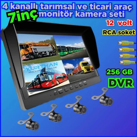 4 KELEBEK KAMERALI  7 İNÇ HYBRİD 4 KANALLI 256 GB DESTEKLİ DVR MONİTÖR SETİ - 12 VOLT