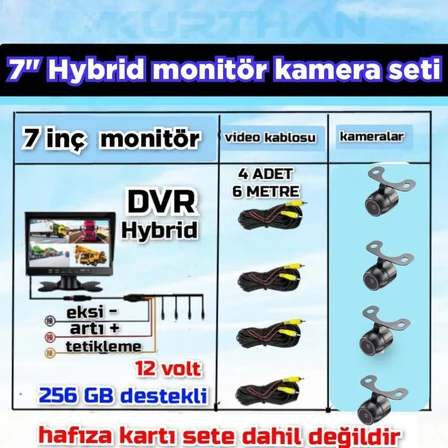 4 KELEBEK KAMERALI  7 İNÇ HYBRİD 4 KANALLI 256 GB DESTEKLİ DVR MONİTÖR SETİ - 12 VOLT