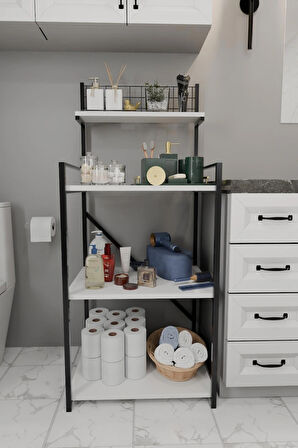 Steel Design 4 Katlı Banyo Rafı,Metal Çerçeveli Ahşap Raflı Çok Amaçlı Organizer,Temizlik Malzemesi Düzenleyici